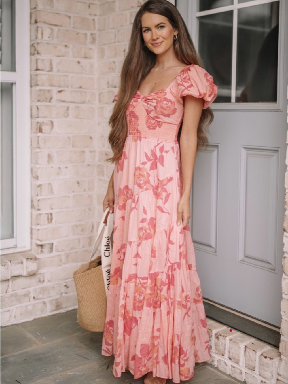Free People Blush Pink Floral Puff-Sleeve Maxi Dress